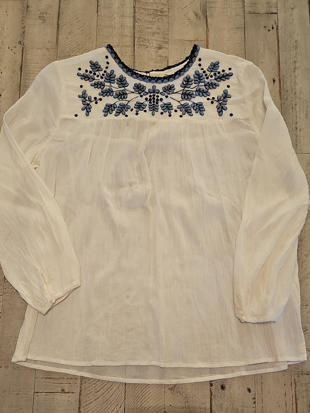 Lucky Brand White Boho Blouse with Blue Embroidered Yoke